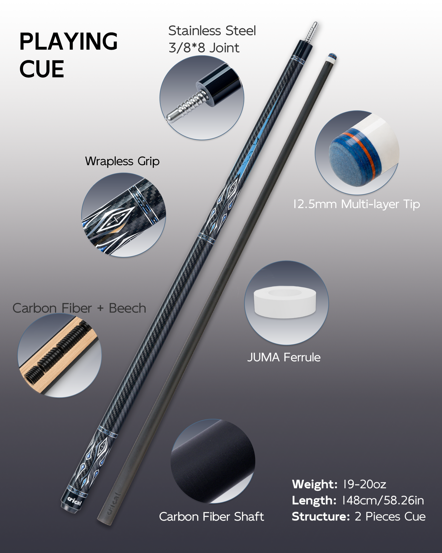 【CL-01/03/04】CRICAL Carbon Fiber Pool Cue Set with Maple Jump Break Cue