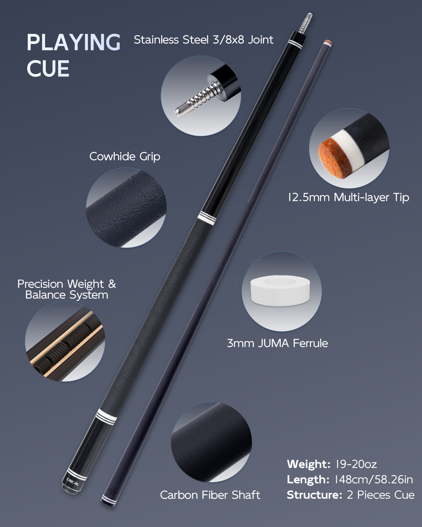 【WR-01-set2】CRICAL Carbon Fiber Pool Cue Set with Maple Break/Jump Cue
