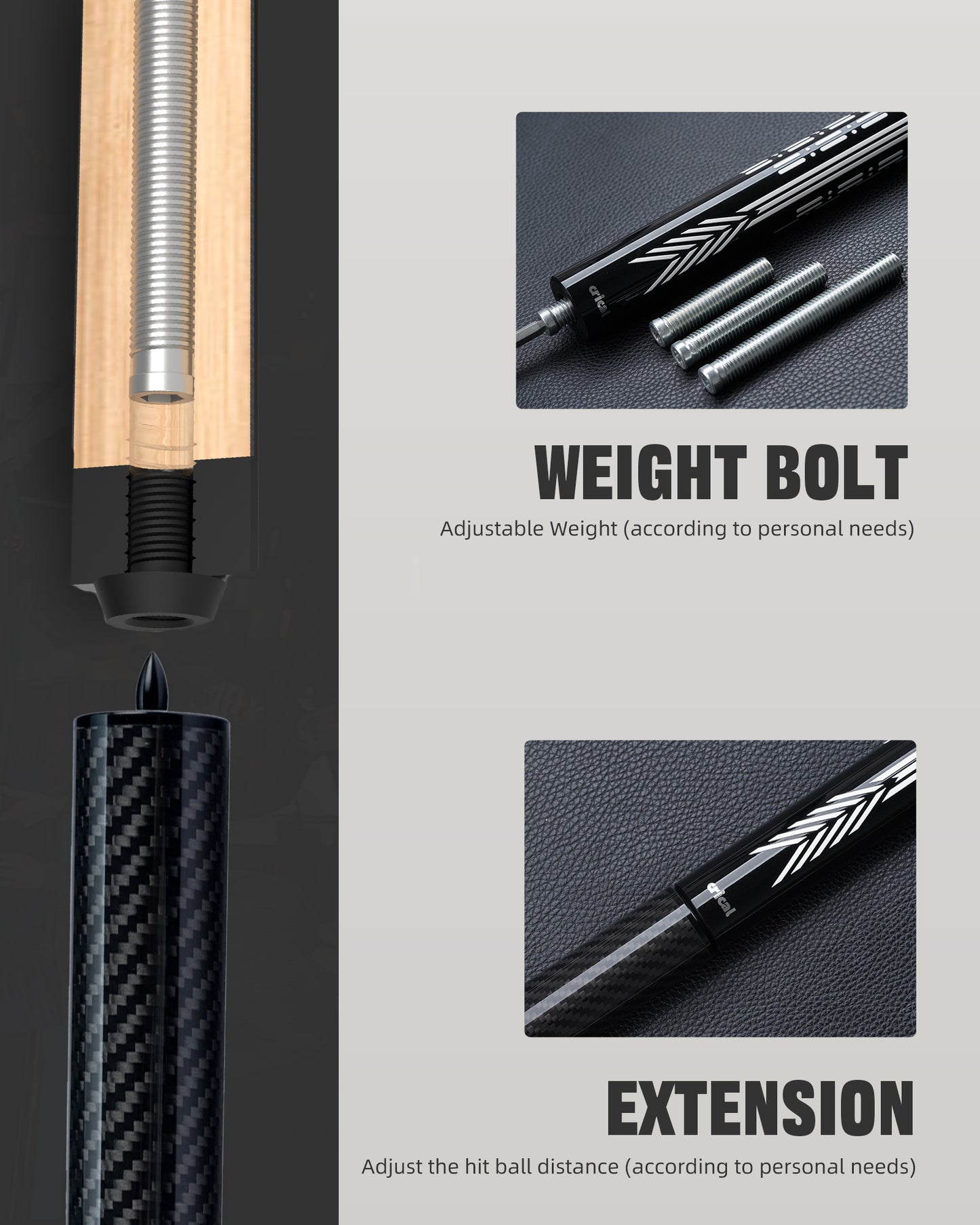 【CRICAL】CL-PD-02 Carbon Fiber Pool Cue Stick - 58" Low Deflection Professional Pool Cue with Pro Taper Shaft, 3D Wrapless Grip, 12.5mm Tip & 3/8x8 Joint Billiard Stick