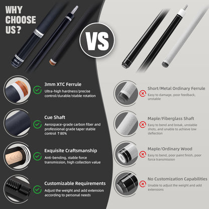 【CRICAL】 WR Series Low Deflection Carbon Fiber Pool Cue Stick – 58" 1/2 Split Billiard Cue with 12.5mm 6-Layer Tip,  Ebony/Pterocarpus Soyauxii Material, Pro Taper Carbon Fiber Shaft, 3/8x8 Stainless Steel Joint，Genuine Leather Grip for Professional Play