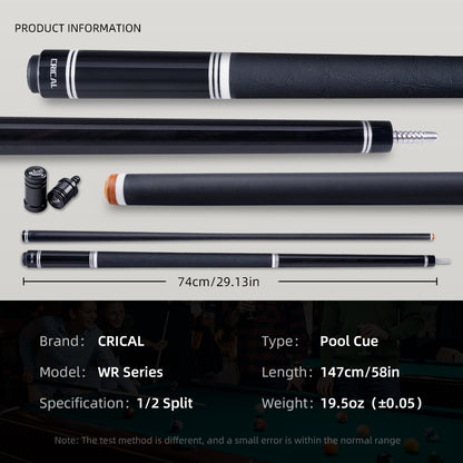【CRICAL】 WR Series Low Deflection Carbon Fiber Pool Cue Stick – 58" 1/2 Split Billiard Cue with 12.5mm 6-Layer Tip,  Ebony/Pterocarpus Soyauxii Material, Pro Taper Carbon Fiber Shaft, 3/8x8 Stainless Steel Joint，Genuine Leather Grip for Professional Play