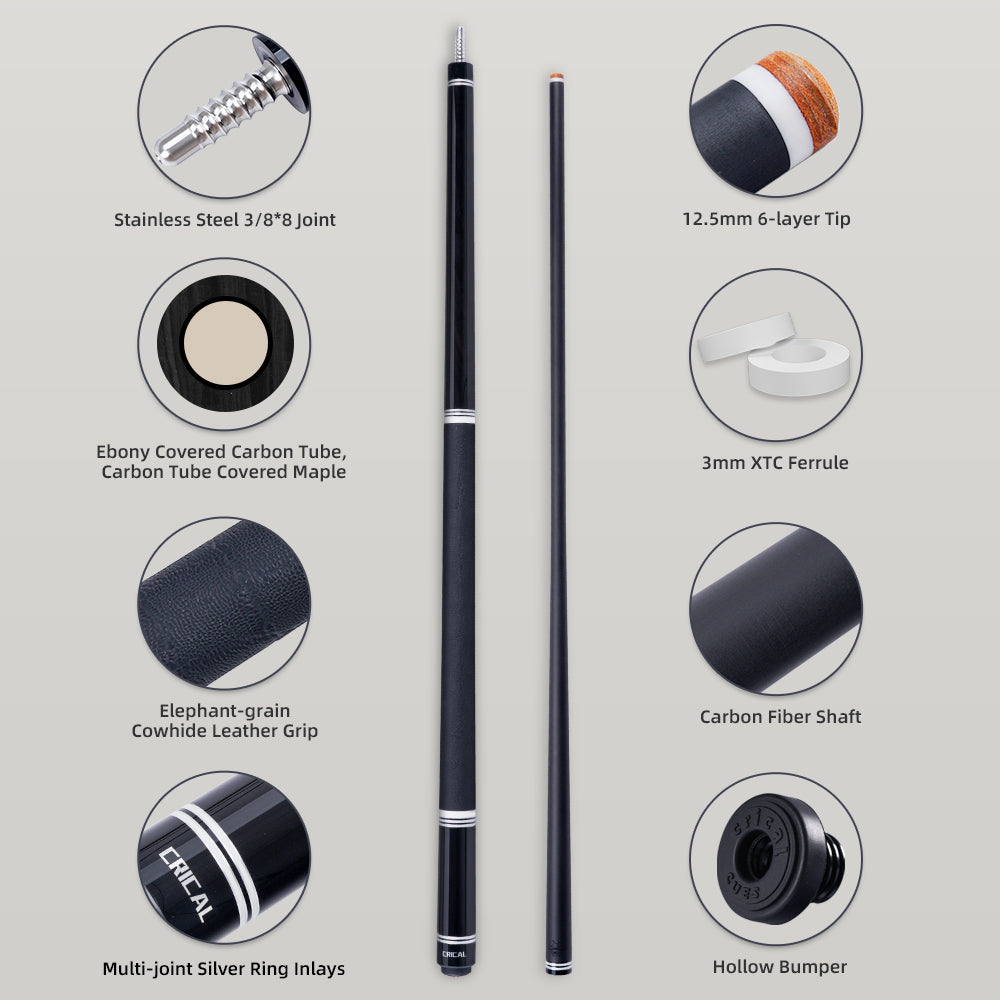 【CRICAL】 WR Series Low Deflection Carbon Fiber Pool Cue Stick – 58" 1/2 Split Billiard Cue with 12.5mm 6-Layer Tip,  Ebony/Pterocarpus Soyauxii Material, Pro Taper Carbon Fiber Shaft, 3/8x8 Stainless Steel Joint，Genuine Leather Grip for Professional Play
