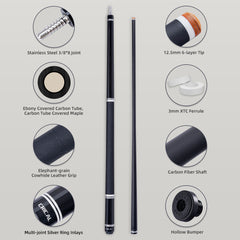 【CRICAL】 WR Series Low Deflection Carbon Fiber Pool Cue Stick – 58" 1/2 Split Billiard Cue with 12.5mm 6-Layer Tip,  Ebony/Pterocarpus Soyauxii Material, Pro Taper Carbon Fiber Shaft, 3/8x8 Stainless Steel Joint，Genuine Leather Grip for Professional Play