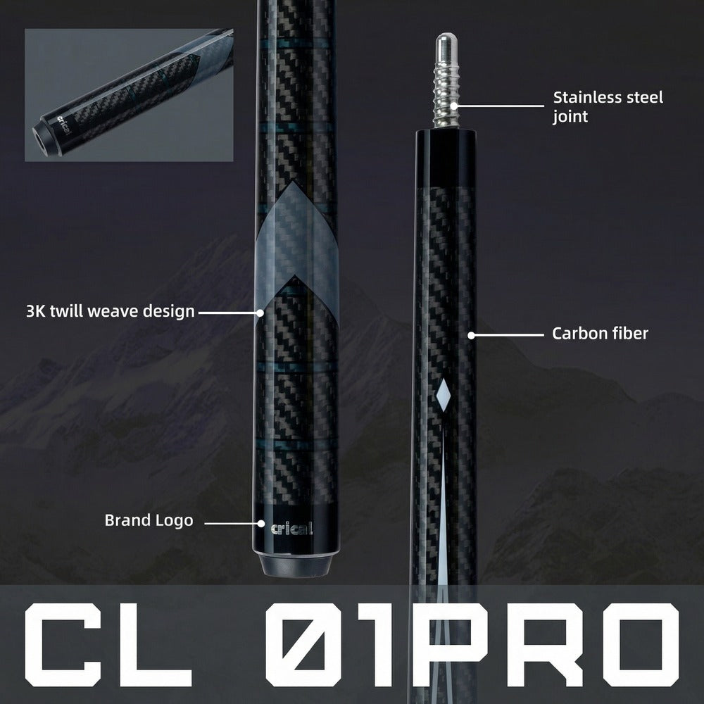 【CRICAL Pro Taper】 Carbon Fiber Pool Cue Stick | Low Deflection Billiard Cue with 3/8x8 Joint & 12.5mm Tip