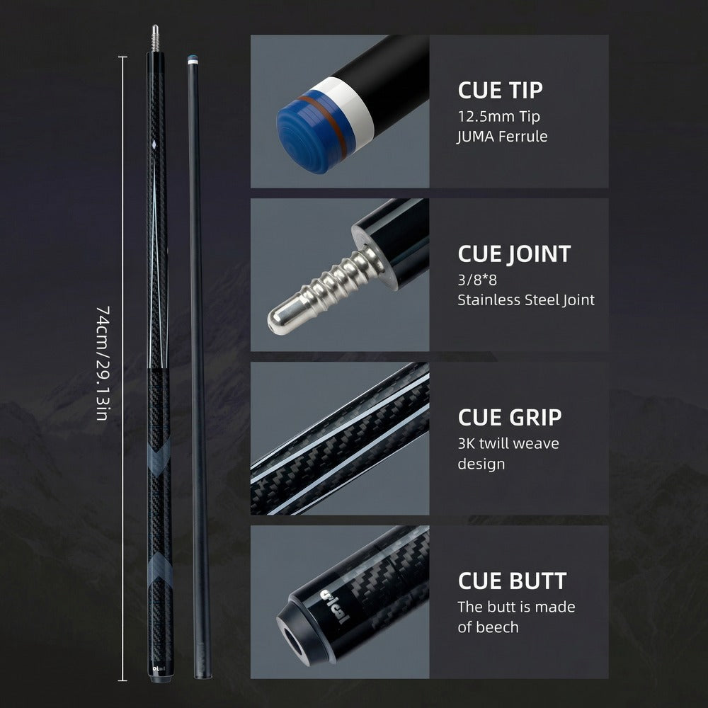 【CRICAL Pro Taper】 Carbon Fiber Pool Cue Stick | Low Deflection Billiard Cue with 3/8x8 Joint & 12.5mm Tip