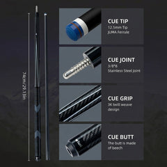 【CL-01 Pro Taper】 CRICAL Carbon Fiber Pool Cue Stick | Low Deflection Billiard Cue with 3/8x8 Joint & 12.5mm Tip