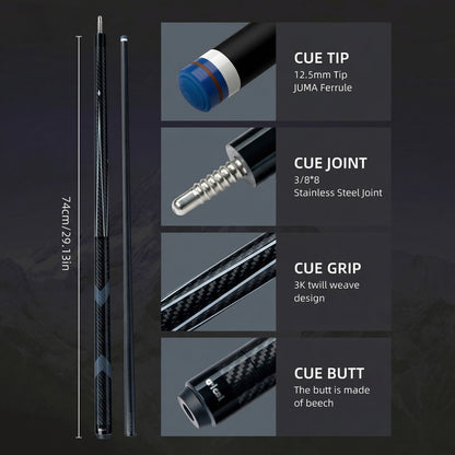 【CRICAL Pro Taper】 Carbon Fiber Pool Cue Stick | Low Deflection Billiard Cue with 3/8x8 Joint & 12.5mm Tip