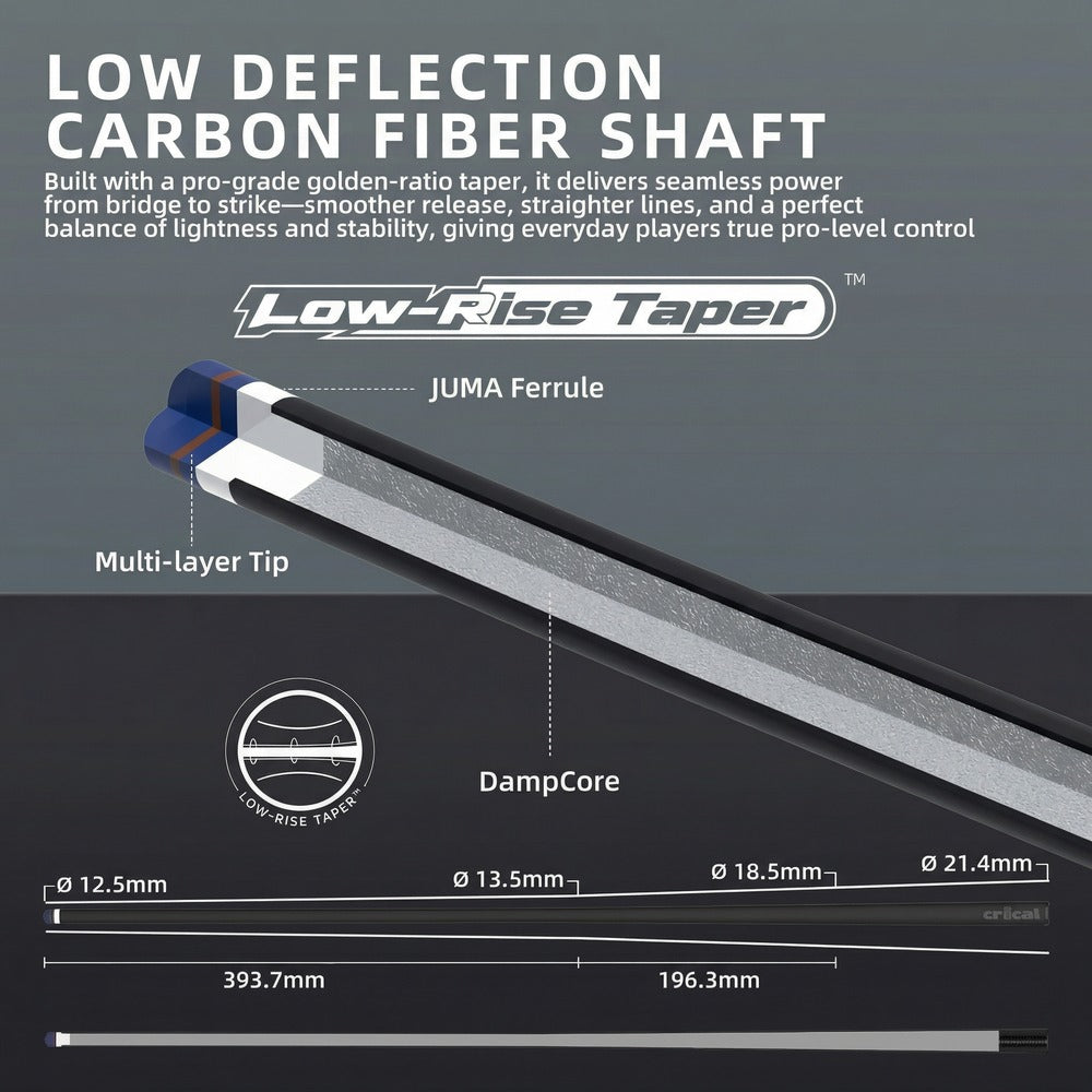 【CRICAL Pro Taper】 Carbon Fiber Pool Cue Stick | Low Deflection Billiard Cue with 3/8x8 Joint & 12.5mm Tip