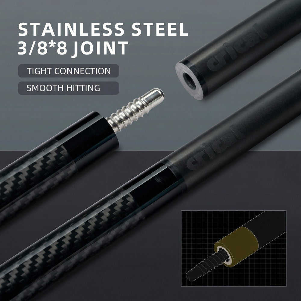 【CRICAL Pro Taper】 Carbon Fiber Pool Cue Stick | Low Deflection Billiard Cue with 3/8x8 Joint & 12.5mm Tip