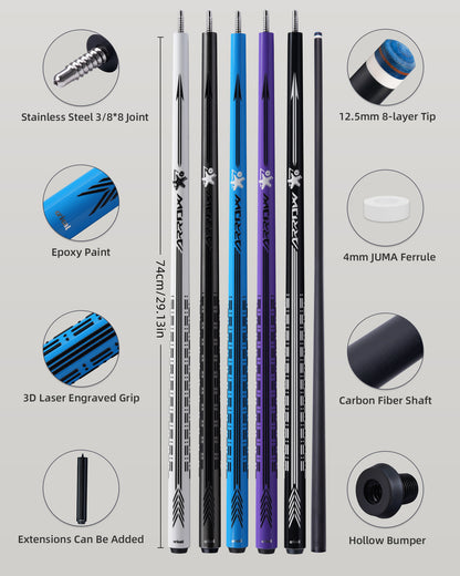 【CRICAL】CL-PD-02 Carbon Fiber Pool Cue Stick - 58" Low Deflection Professional Pool Cue with Pro Taper Shaft, 3D Wrapless Grip, 12.5mm Tip & 3/8x8 Joint Billiard Stick
