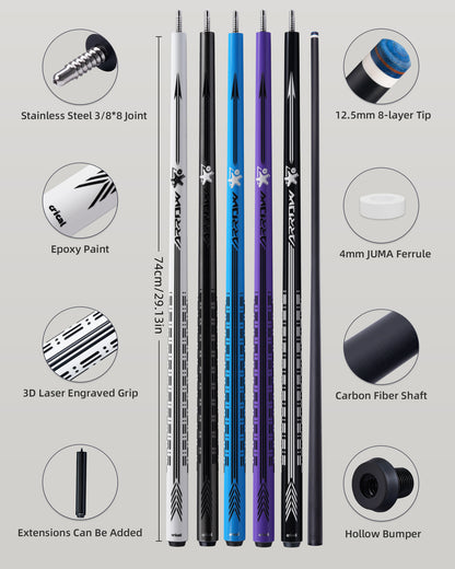 【CRICAL】CL-PD-01 Carbon Fiber Pool Cue Stick - 58" Low Deflection Professional Pool Cue with Pro Taper Shaft, 3D Wrapless Grip, 12.5mm Tip & 3/8x8 Joint Billiard Stick