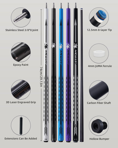 【CRICAL】CL-PD-04 Carbon Fiber Pool Cue Stick - 58" Low Deflection Professional Pool Cue with Pro Taper Shaft, 3D Wrapless Grip, 12.5mm Tip & 3/8x8 Joint Billiard Stick