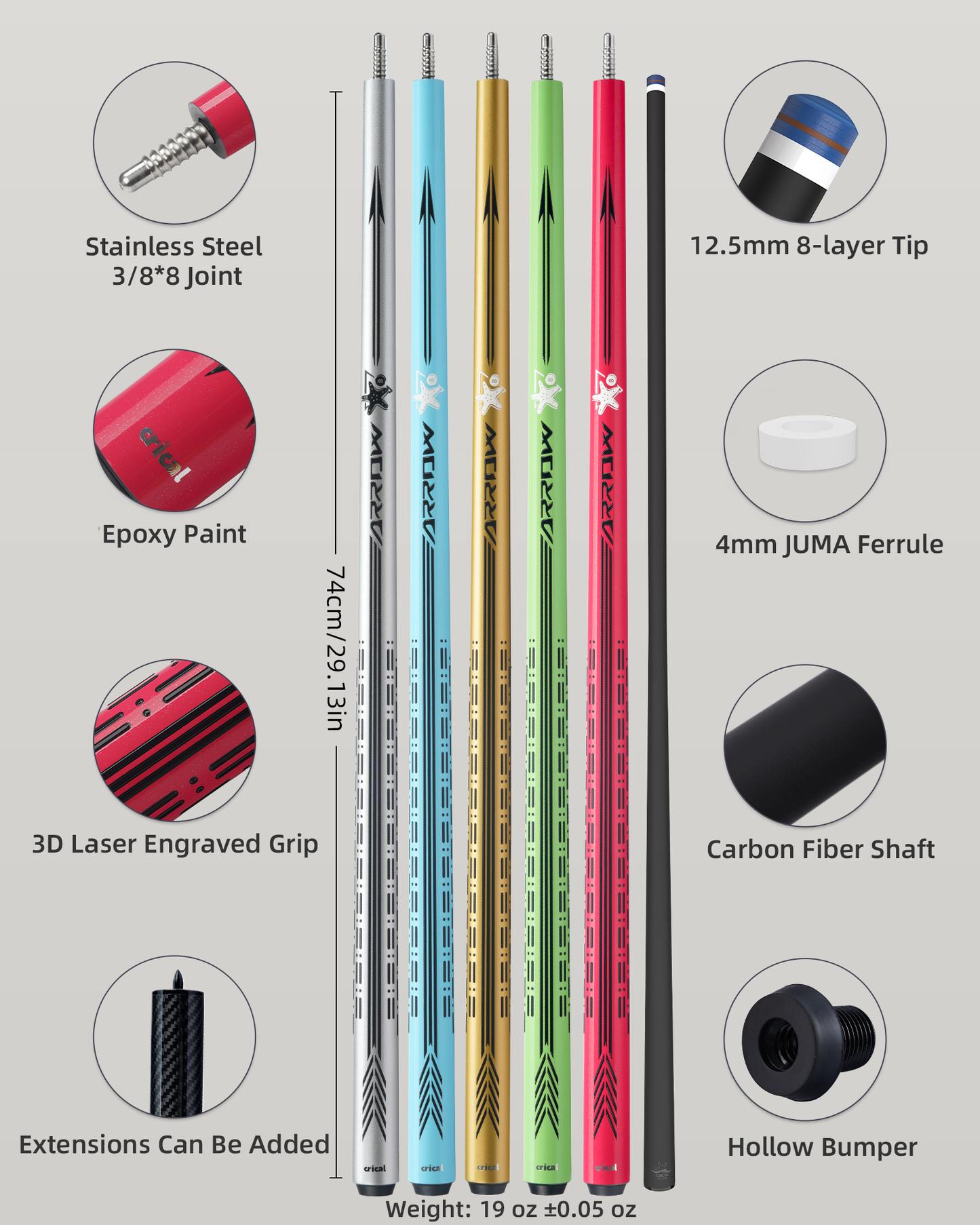 【CRICAL】CL-PD Carbon Fiber Pool Cue Stick - 58" Low Deflection Professional Pool Cue with Pro Taper Shaft, 3D Wrapless Grip, 12.5mm Tip & 3/8x8 Joint Billiard Stick
