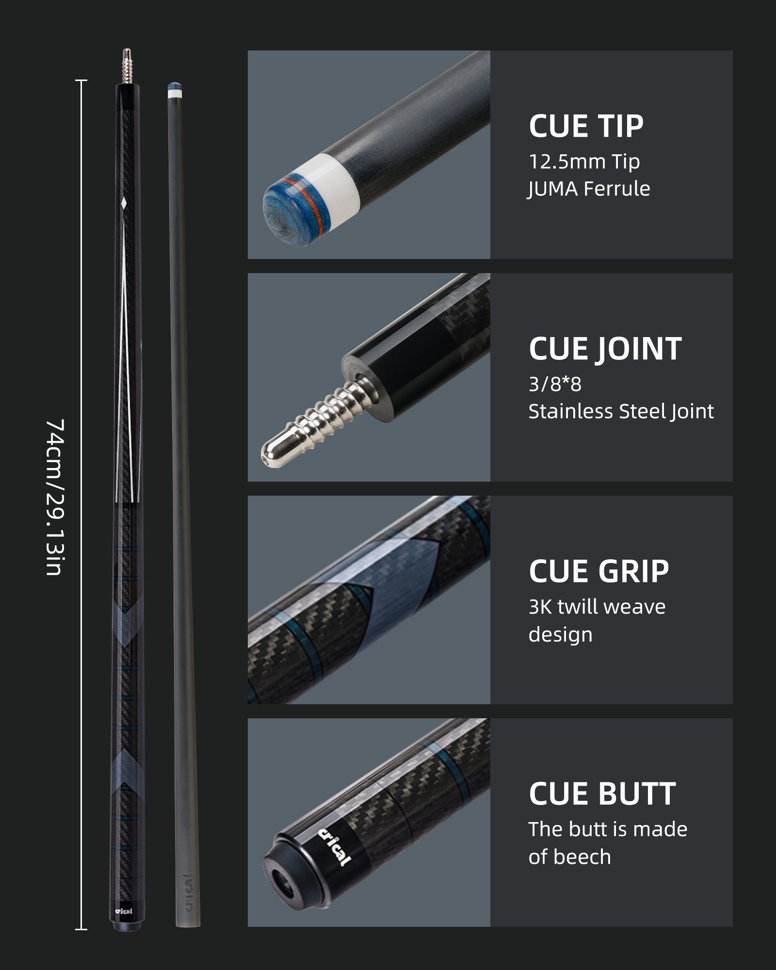 Crical】CL-01 Carbon Fiber Pool Cue Stick with 12.5mm Tip Low