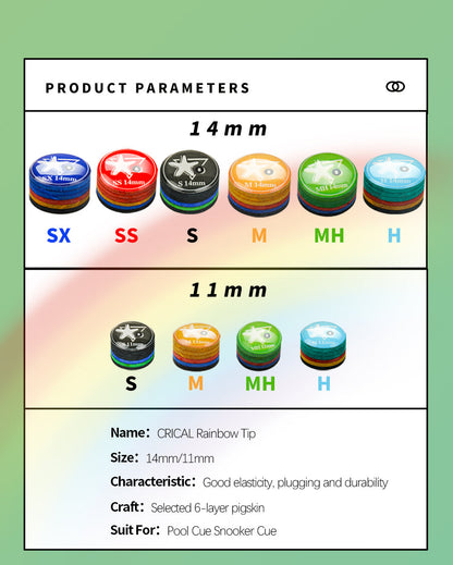 【CRICAL】Billiard Tips with Rainbow Tips 11/14mm Multilayer Pig Skin Cue Tips for Snooker Cue Tips for Billiards Cue Tip Accessories