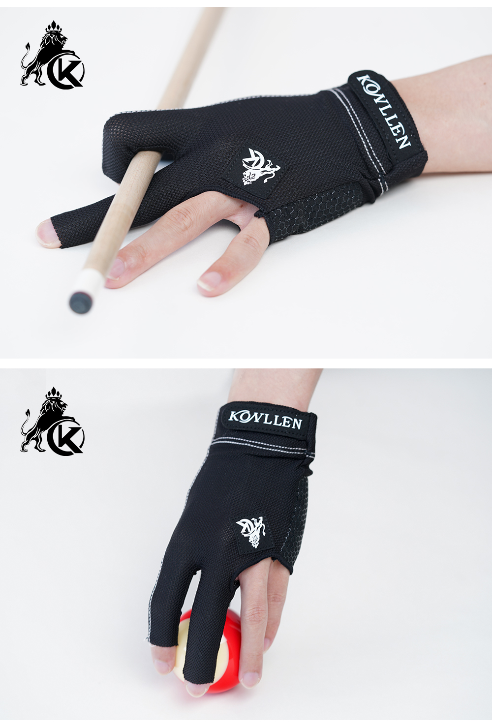 KONLLEN 3-finger billiards gloves pool gloves left and right-hand durable double-stitched snooker cue professional gloves