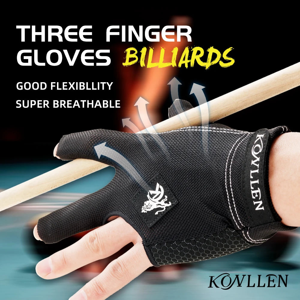 KONLLEN 3-finger billiards gloves pool gloves left and right-hand durable double-stitched snooker cue professional gloves