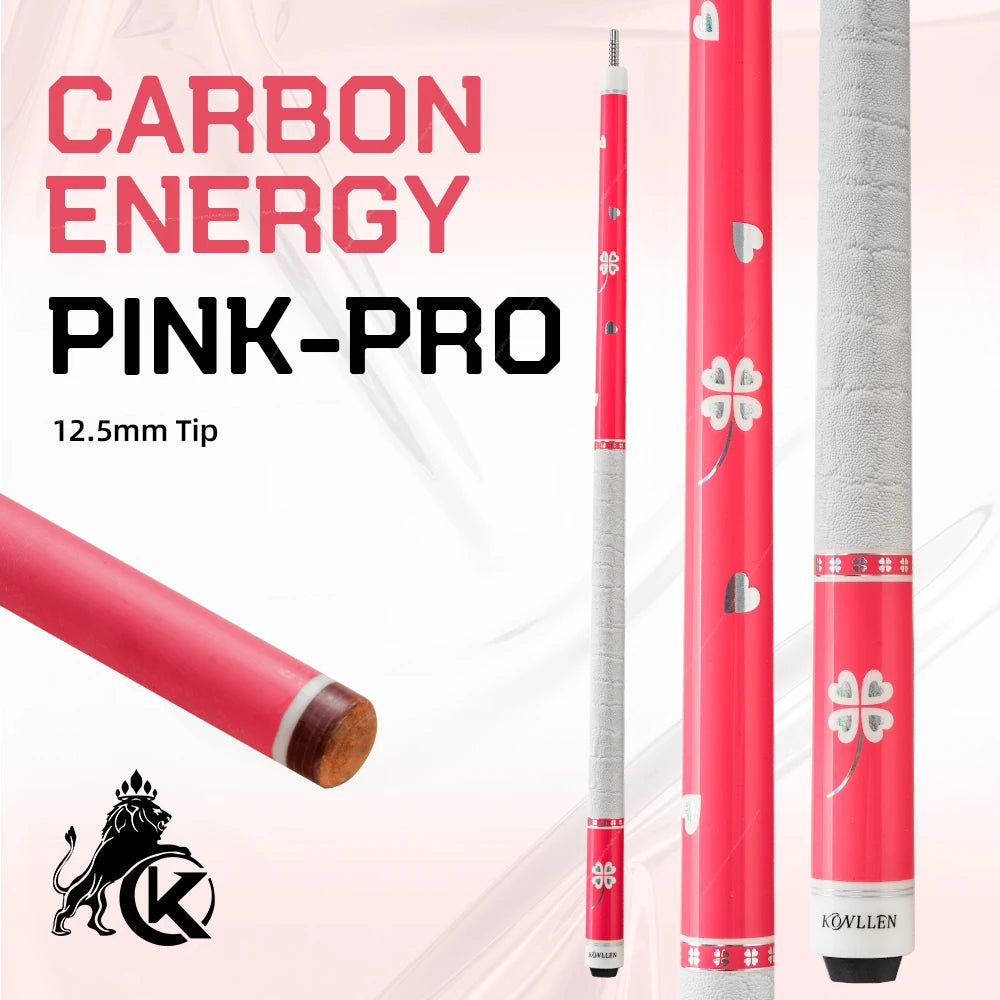 KONLLEN Pink Carbon Fiber Pool Cue for Women KL-Pink-Pro 58" Girlish Lucky Low Deflection Billiard cue Stick with 12.5mm Tip