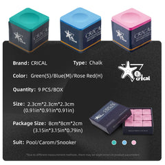 【Chalk】Crical Billiard cue Chalk with 9 pcs S/M/H blue/green/pink for carom pool snooker cue chalk Billiard Accessories