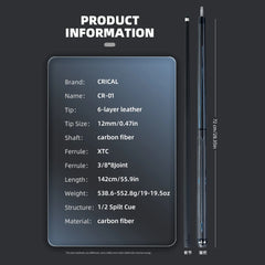 【CR】Billiard Cue Stick with Carbon Fiber Professional Carom Taper 12mm Tip 142 cm Libre Cue for Carom Cue