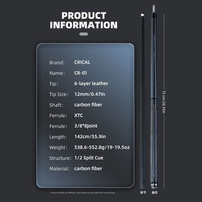 Crical 3 Cushion Billiard Cue Stick with Carbon Fiber Professional Carom Taper 12mm Tip 142 cm Libre Cue for Carom Cue