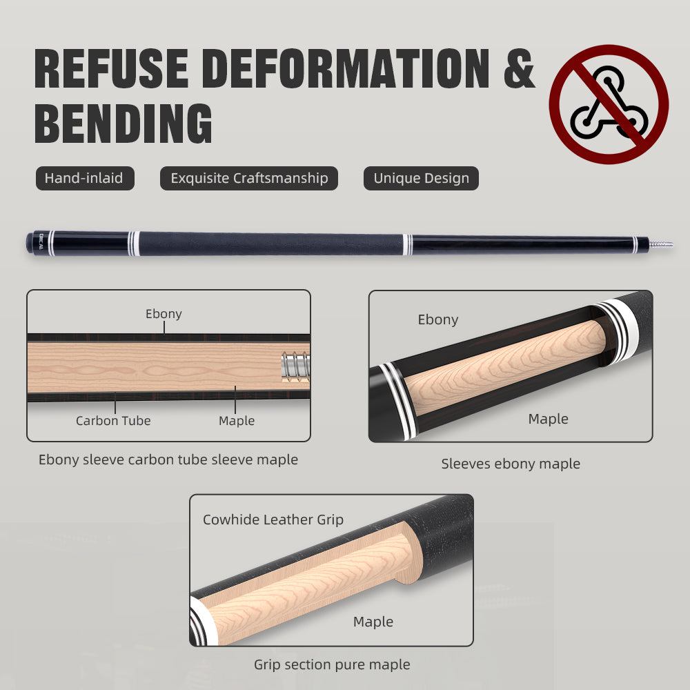 【CRICAL】 WR Series Low Deflection Carbon Fiber Pool Cue Stick – 58" 1/2 Split Billiard Cue with 12.5mm 6-Layer Tip,  Ebony/Pterocarpus Soyauxii Material, Pro Taper Carbon Fiber Shaft, 3/8x8 Stainless Steel Joint，Genuine Leather Grip for Professional Play