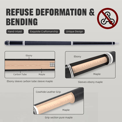 【CRICAL】 WR Series Low Deflection Carbon Fiber Pool Cue Stick – 58" 1/2 Split Billiard Cue with 12.5mm 6-Layer Tip,  Ebony/Pterocarpus Soyauxii Material, Pro Taper Carbon Fiber Shaft, 3/8x8 Stainless Steel Joint，Genuine Leather Grip for Professional Play