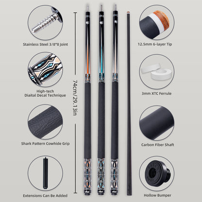 【CRICAL】CXD-2F Carbon Fiber Pool Cue Stick with 12.5mm Tip leather grip Low Deflection shaft for Billiard Cue Sticks