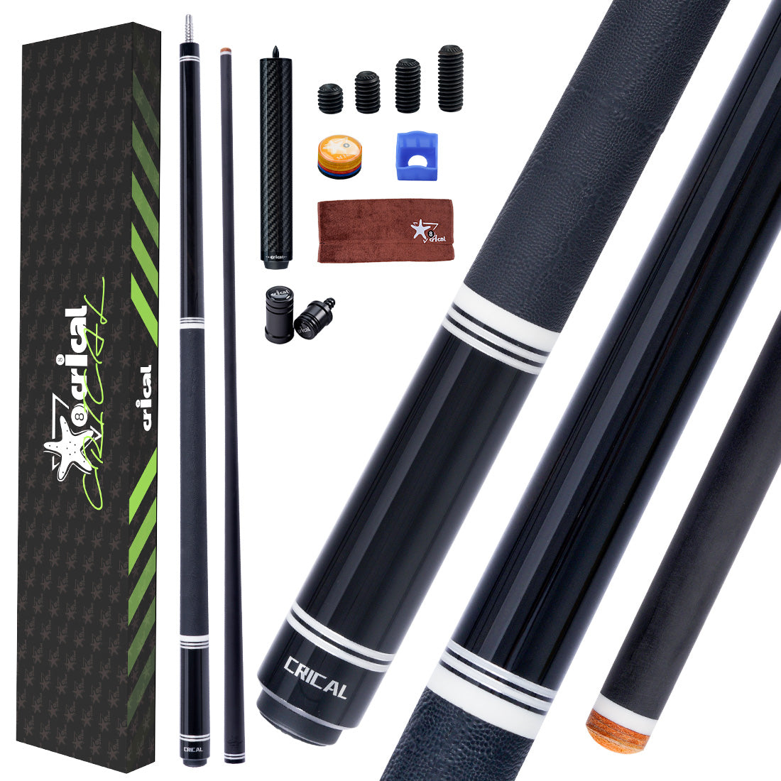 【CRICAL】 WR Series Low Deflection Carbon Fiber Pool Cue Stick – 58" 1/2 Split Billiard Cue with 12.5mm 6-Layer Tip,  Ebony/Pterocarpus Soyauxii Material, Pro Taper Carbon Fiber Shaft, 3/8x8 Stainless Steel Joint，Genuine Leather Grip for Professional Play