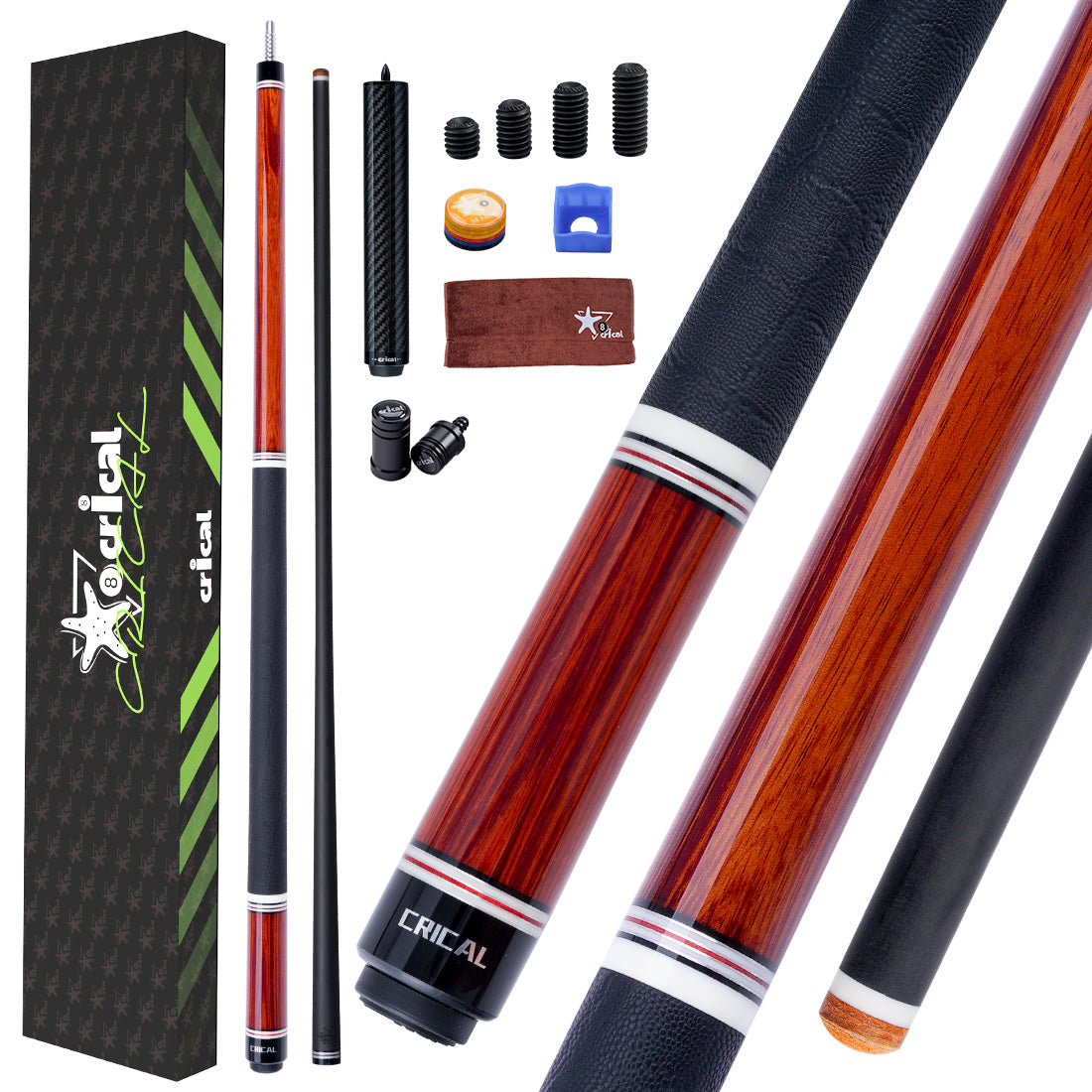 【CRICAL】 WR Series Low Deflection Carbon Fiber Pool Cue Stick – 58" 1/2 Split Billiard Cue with 12.5mm 6-Layer Tip,  Ebony/Pterocarpus Soyauxii Material, Pro Taper Carbon Fiber Shaft, 3/8x8 Stainless Steel Joint，Genuine Leather Grip for Professional Play