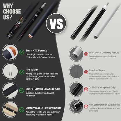 【Crical】CXD-3RF Carbon Fiber Pool Cue Stick with 12.5mm Tip leather grip Low Deflection shaft for Billiard Cue Sticks