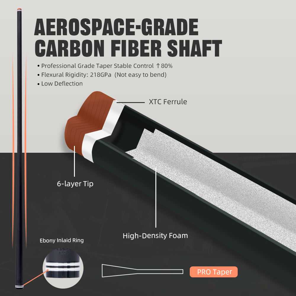 【CRICAL】 WR Series Low Deflection Carbon Fiber Pool Cue Stick – 58" 1/2 Split Billiard Cue with 12.5mm 6-Layer Tip,  Ebony/Pterocarpus Soyauxii Material, Pro Taper Carbon Fiber Shaft, 3/8x8 Stainless Steel Joint，Genuine Leather Grip for Professional Play