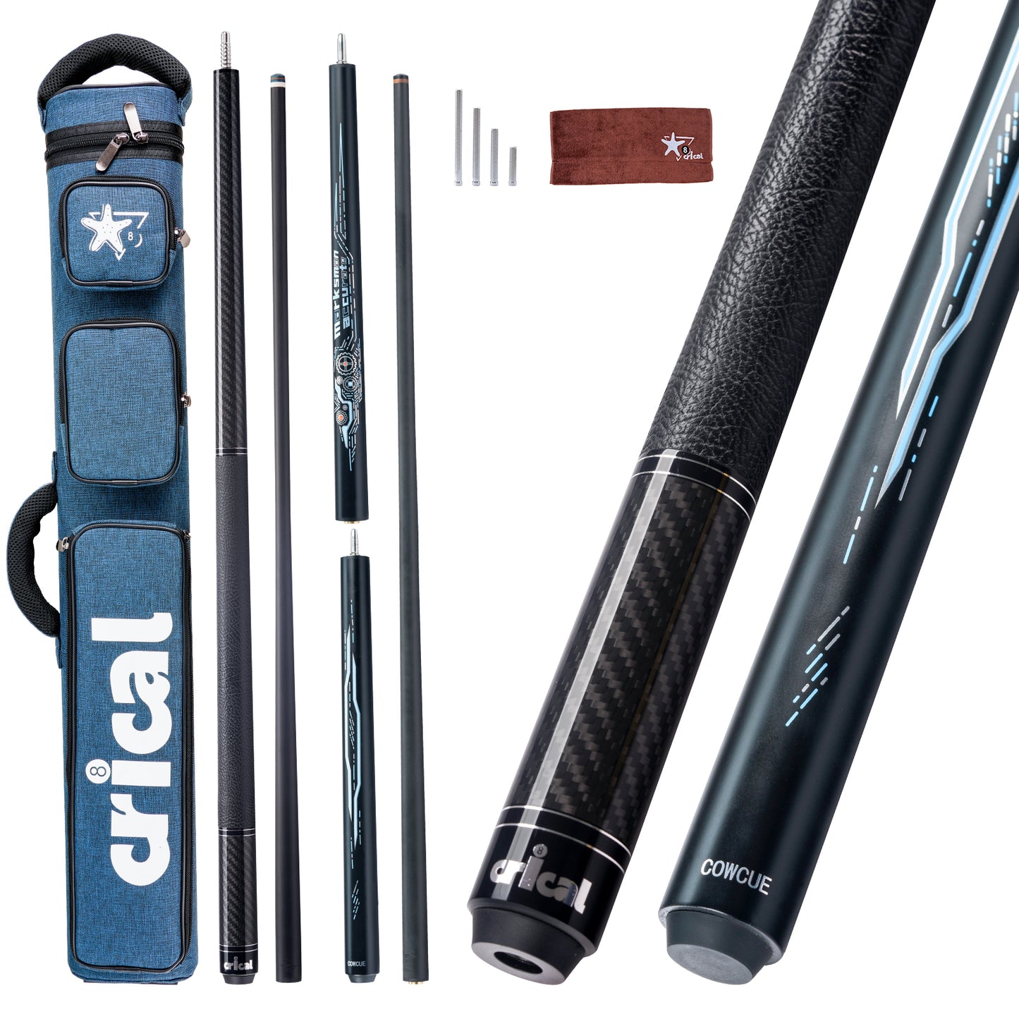 【VP PRO Taper】CRICAL Carbon Fiber Pool Cue Stick, Low Deflection Billiard Cue with Pro Taper Shaft, 58 Inch Cue with Cowhide Grip, 12.5mm Tip, 3/8x8 Joint, Adjustable Weight
