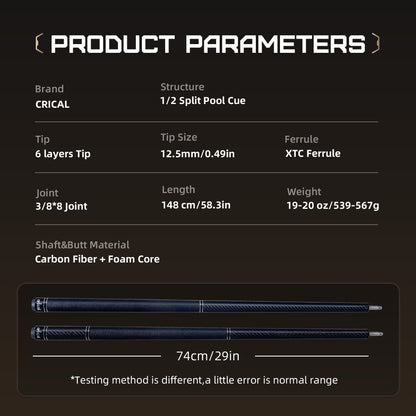 【CRICAL】VP-1 Carbon Fiber Pool Cue Stick - 58" Professional Pool Cue with 12.5mm Tip & 3/8x8 Joint Billiard Stick