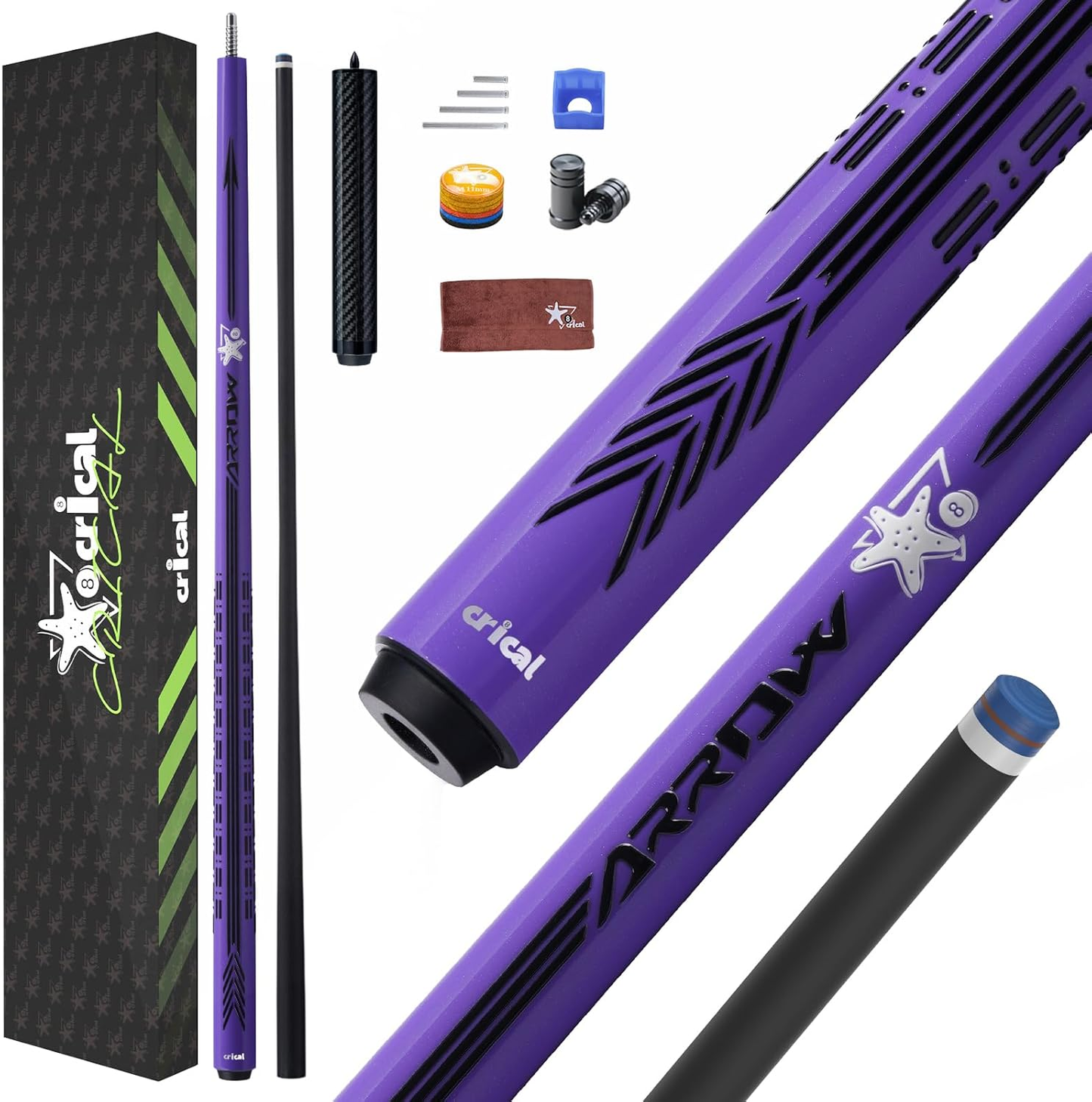 【CRICAL】CL-PD-SET Carbon Fiber Pool Cue Stick - 58" Low Deflection Professional Pool Cue with Pro Taper Shaft, 3D Wrapless Grip, 12.5mm Tip & 3/8x8 Joint Billiard Stick