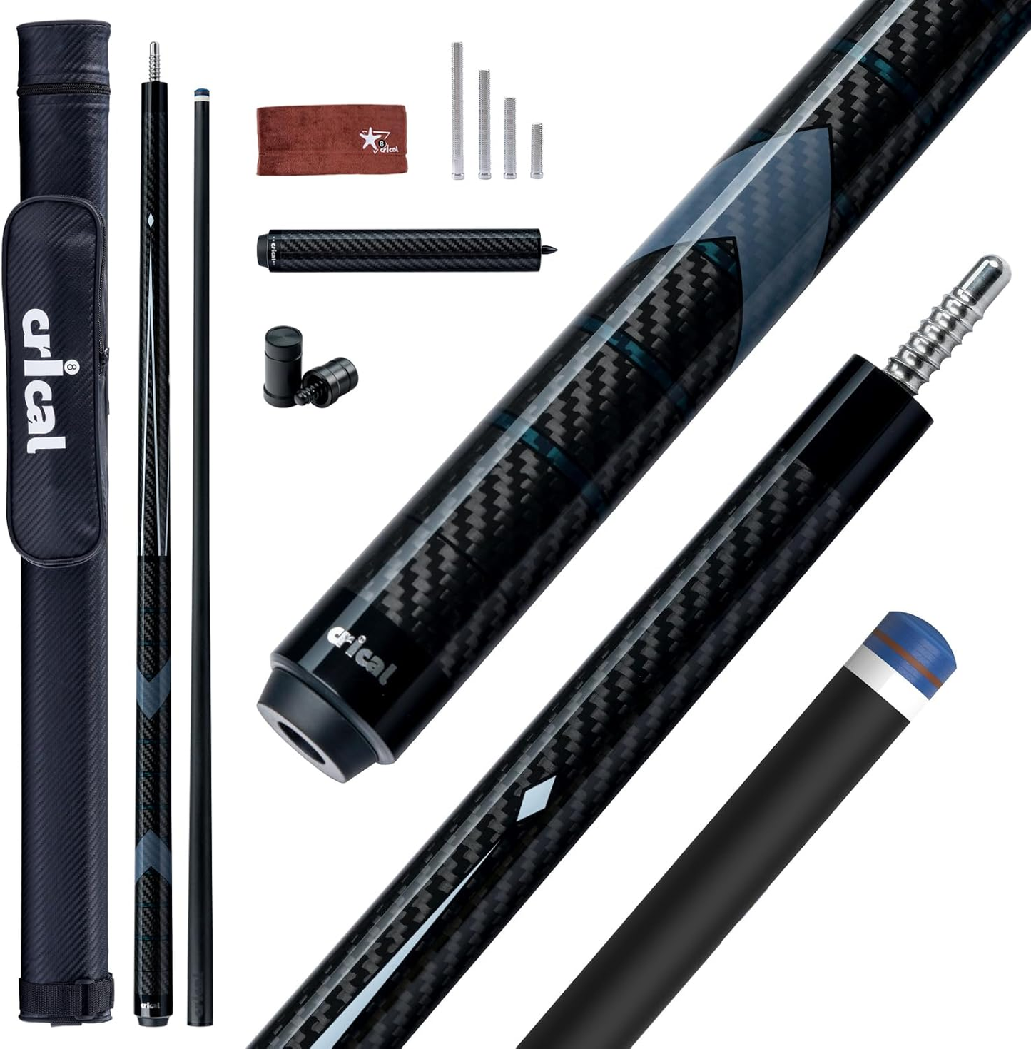【CRICAL Pro Taper】 Carbon Fiber Pool Cue Stick | Low Deflection Billiard Cue with 3/8x8 Joint & 12.5mm Tip