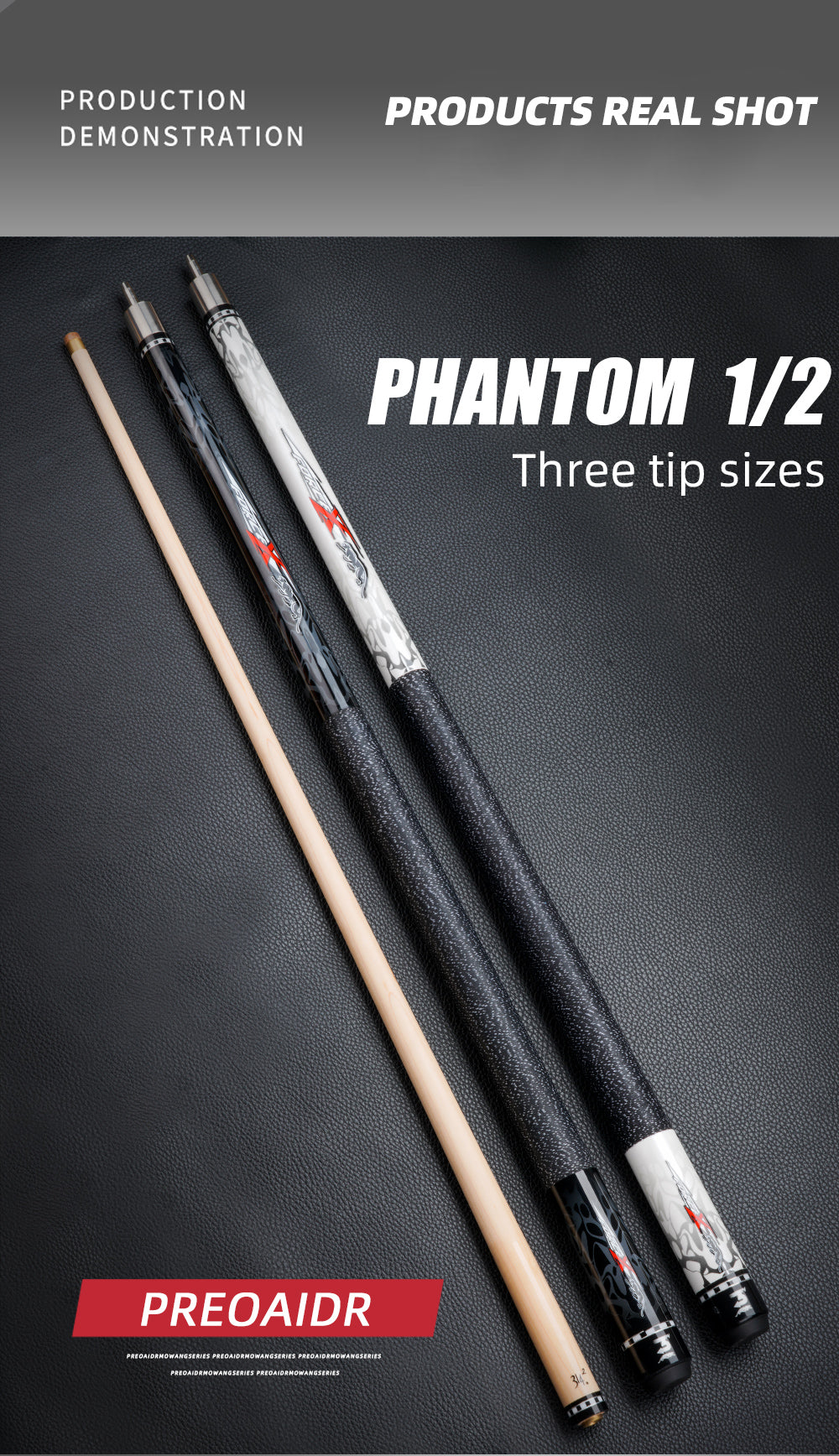 NEW PREOAIDR Cue 3142 Phantom Series Billiards 10/11.5/13mm Tip Maple Shaft Uniloc Joint Play Cue Stick Technology Kit Black 8