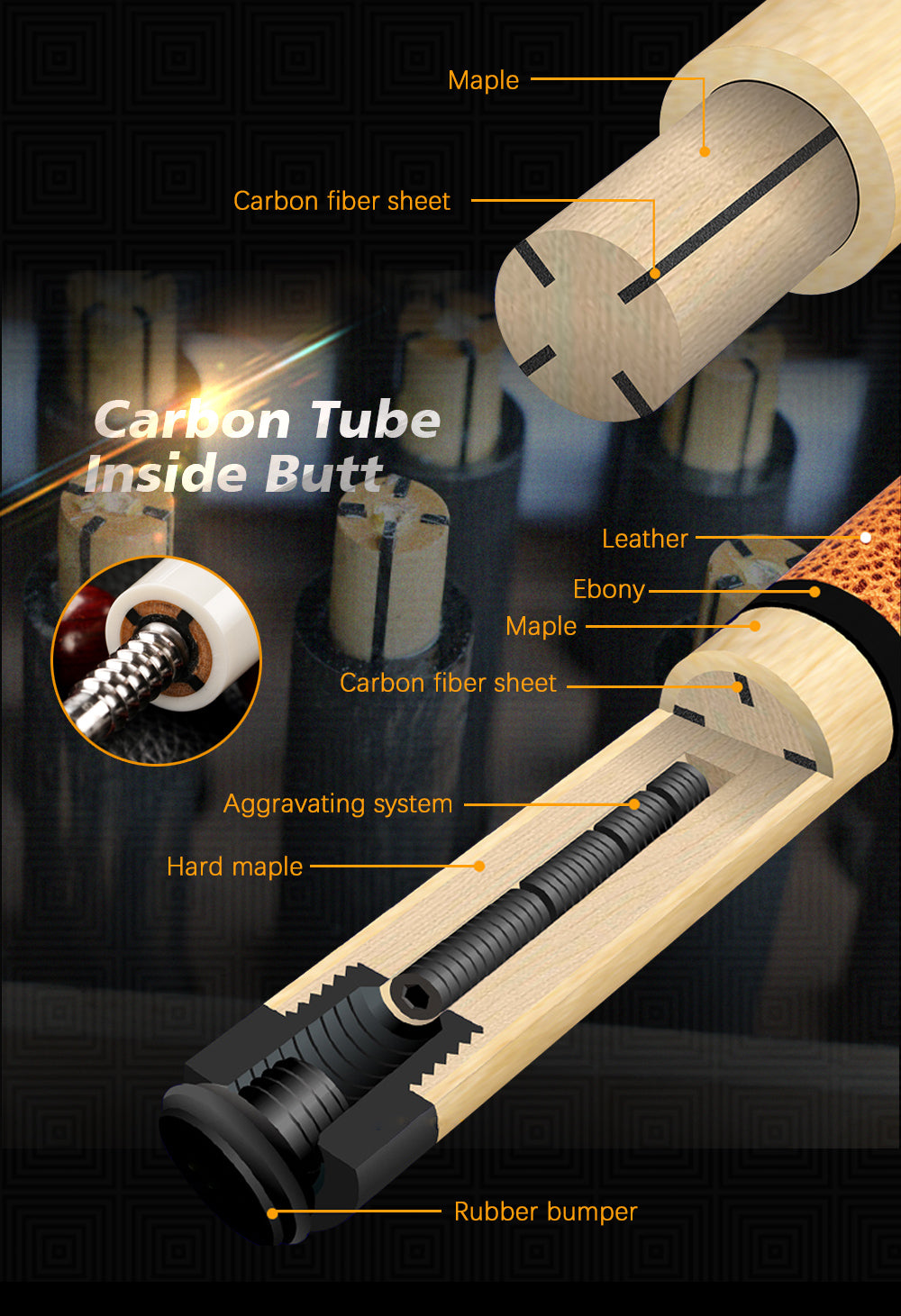 KONLLEN Billiard Carbon Fiber Pool Cue Stick 12.5mm Tip 3*8/11 Joint Pin Professional Taper Leather Grip Billar Kit with case